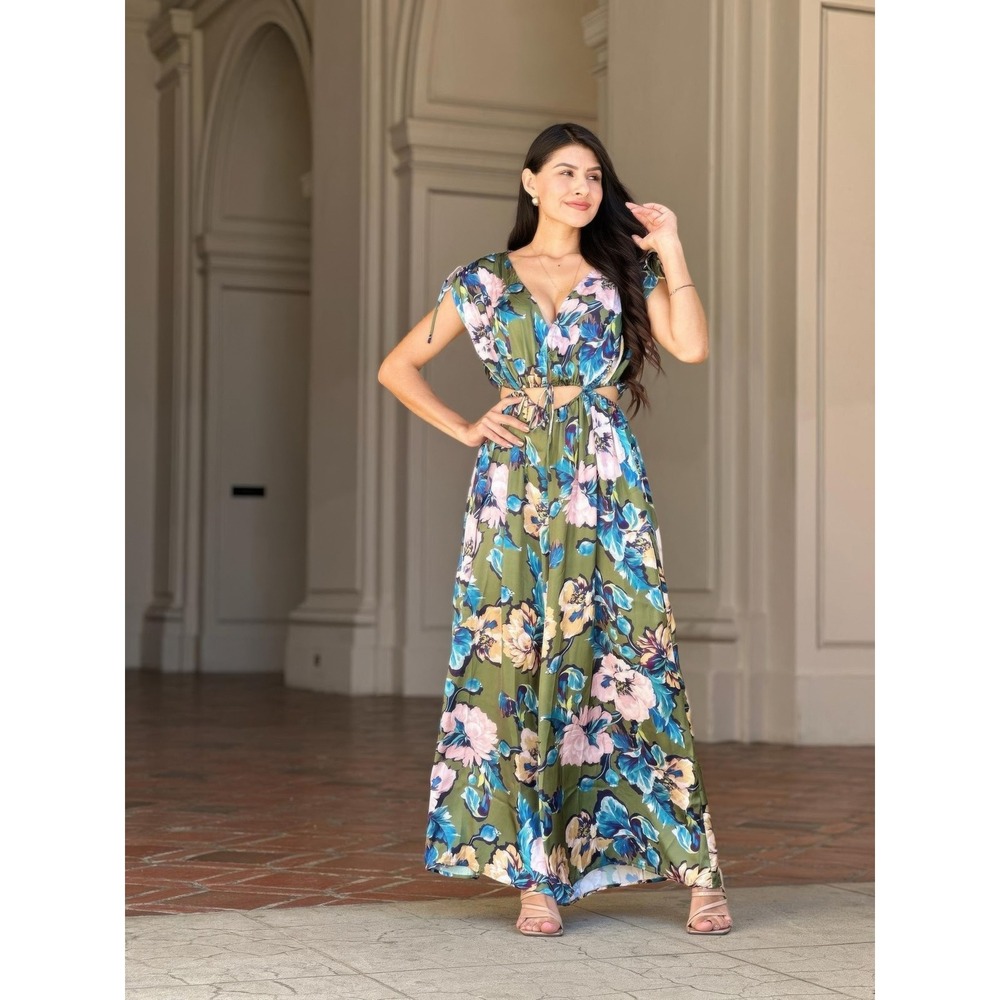 Floral Wide Leg Jumpsuit Olive Green V-Neck Cut-Out Summer Maxi Romper